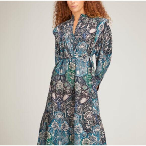 NWT Maria Cher Lugo Franca Maxi Dress Silk Cotton M Printed Pleat Placket Boho - Picture 1 of 9